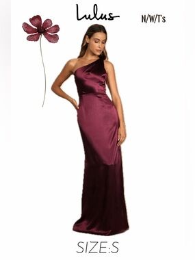 Lulu's One-Shoulder Satin Gown in burgundy. Timeless and Flattering!